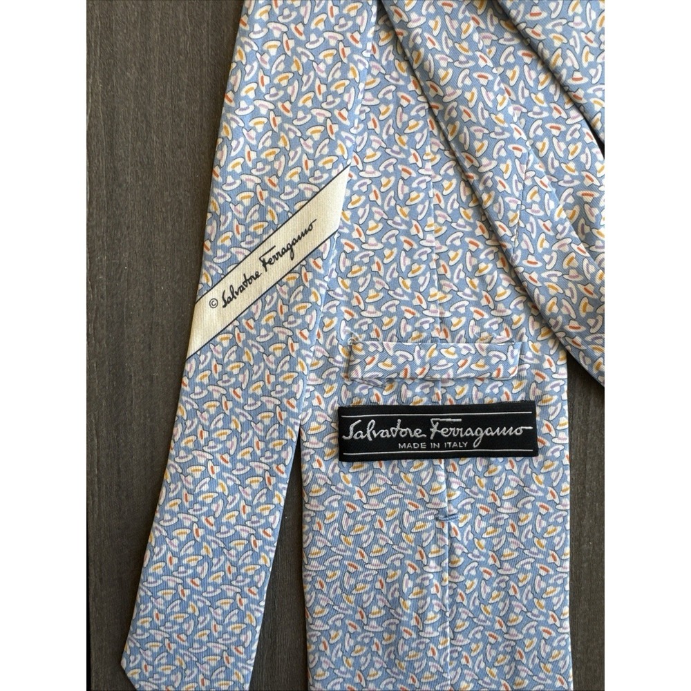 Salvatore Ferragamo Light Blue Silk Necktie Italy Micro Print Luxury Mens - Picture 5 of 10